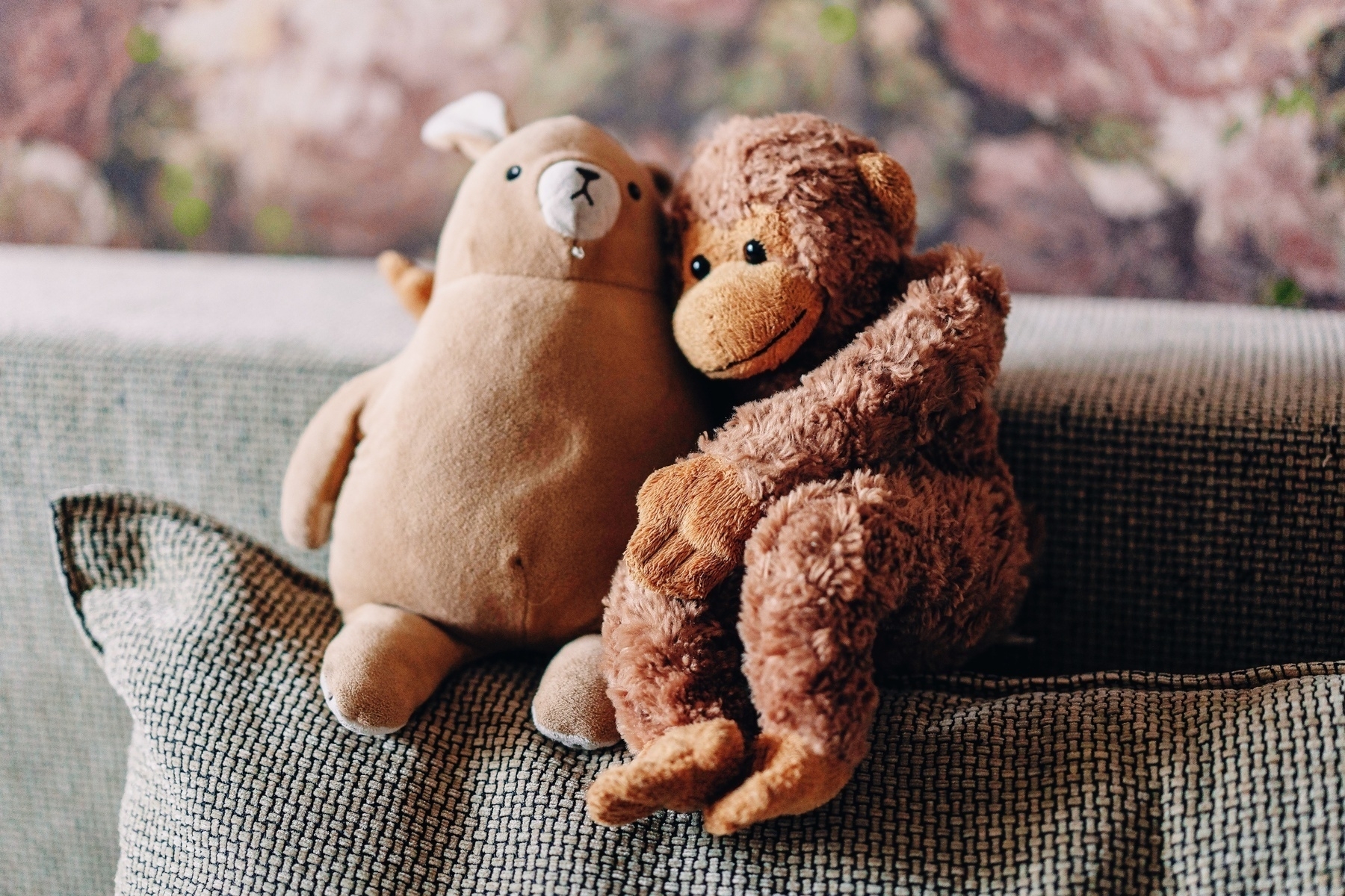 Two stuffed monkey toys sitting on a pillow