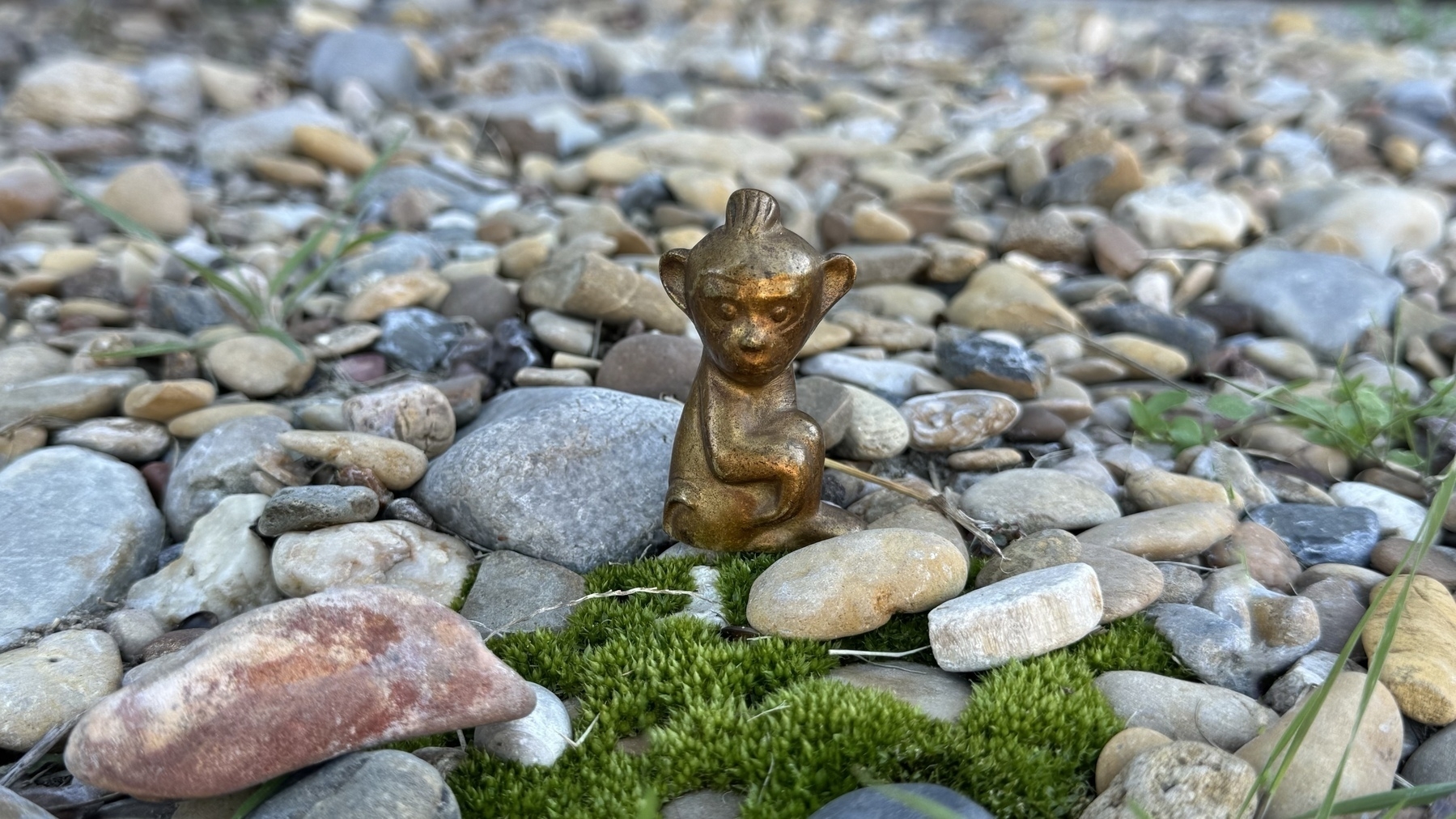 small brass monkey sitting in a rock garden near some moss